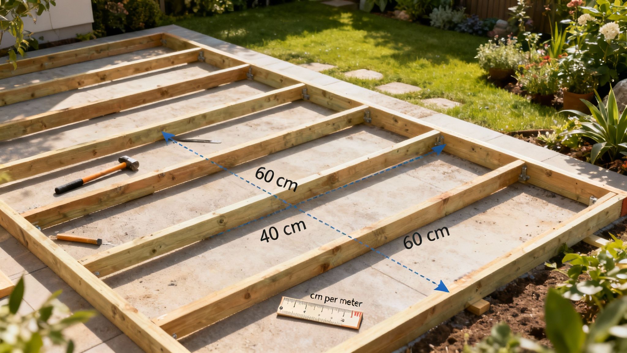 En nærbillede af korrekt monterede strøer til en træterrasse, der viser den præcise afstand mellem dem.