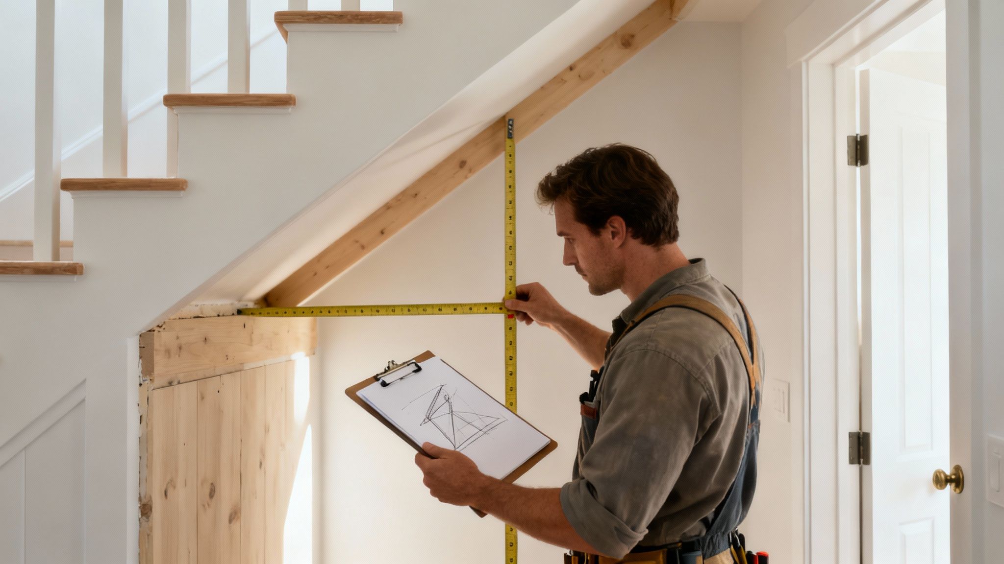 Håndværker måler plads under trappe med målebånd og holder tegning af skab