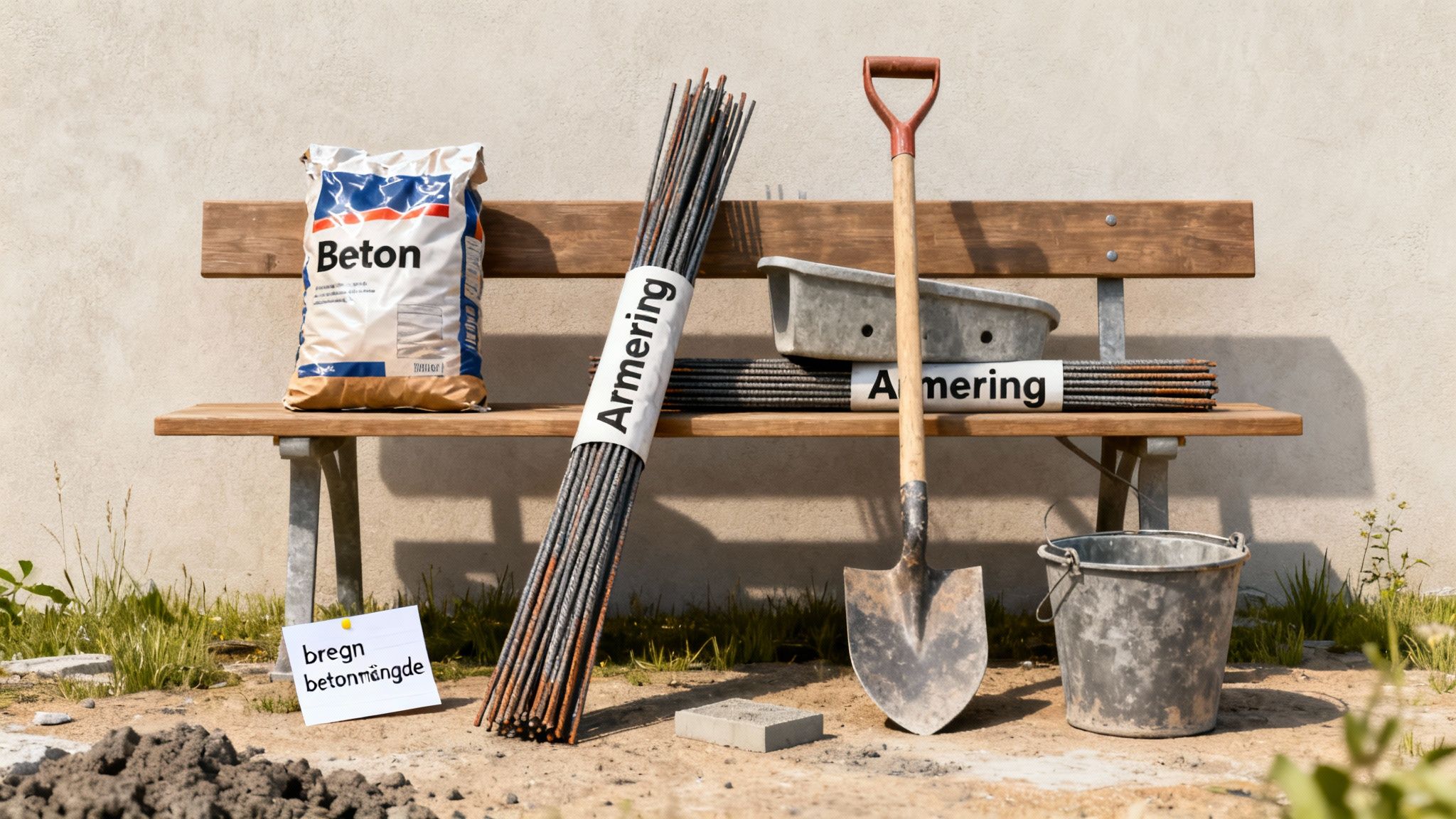 Billede af byggematerialer til støbning af stolper, herunder en sæk beton, armeringsjern og værktøj.