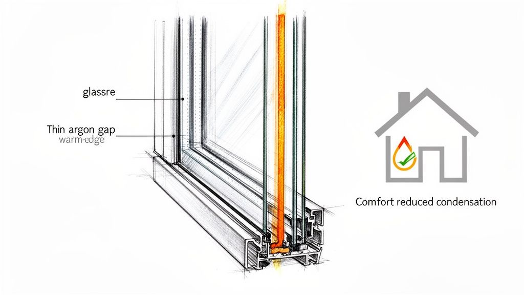 Detaljeret tværsnit af et energieffektivt vindue med argongas og varm kant, som reducerer kondens.