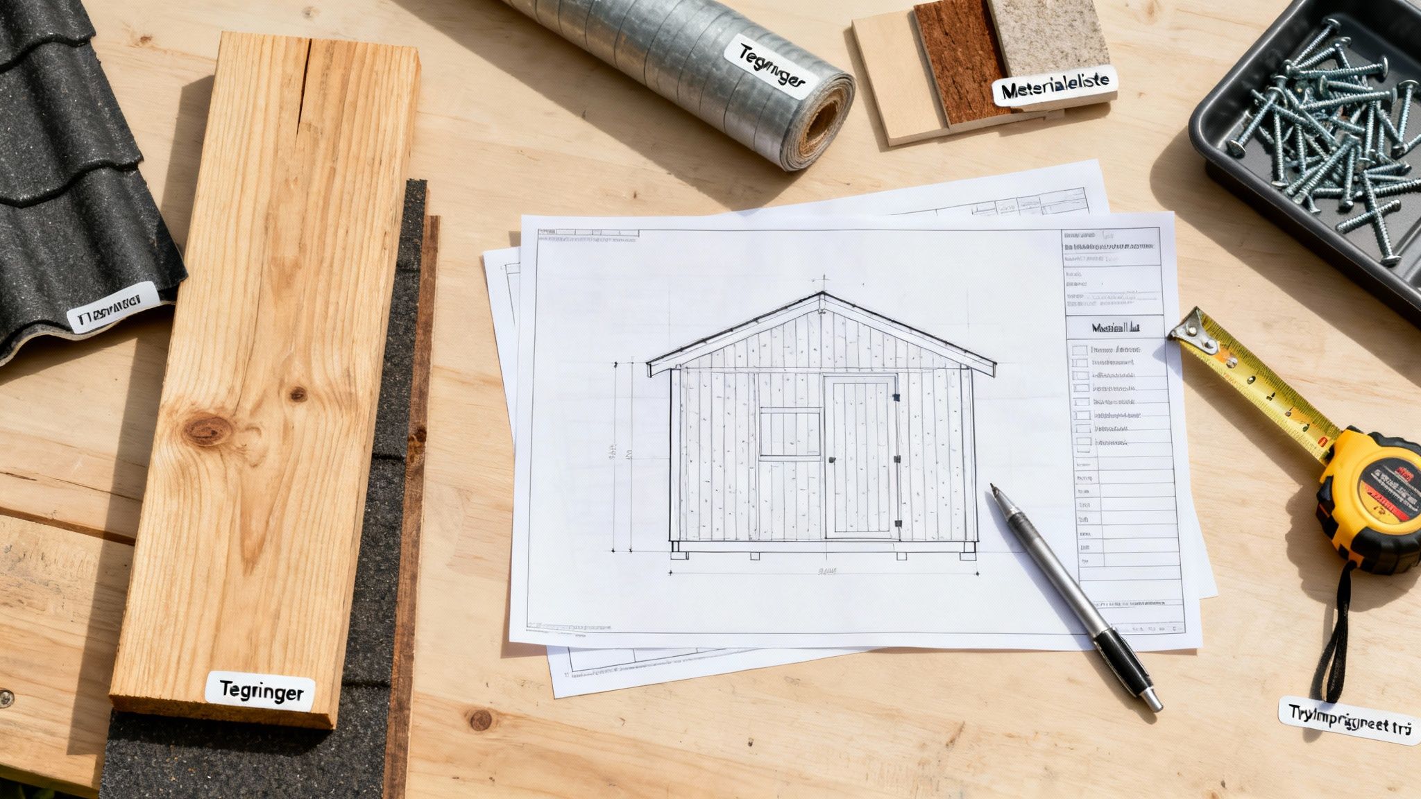 Byggeplaner for et skur med tegninger, træ, tagsten, skruer og målebånd på et træbord.
