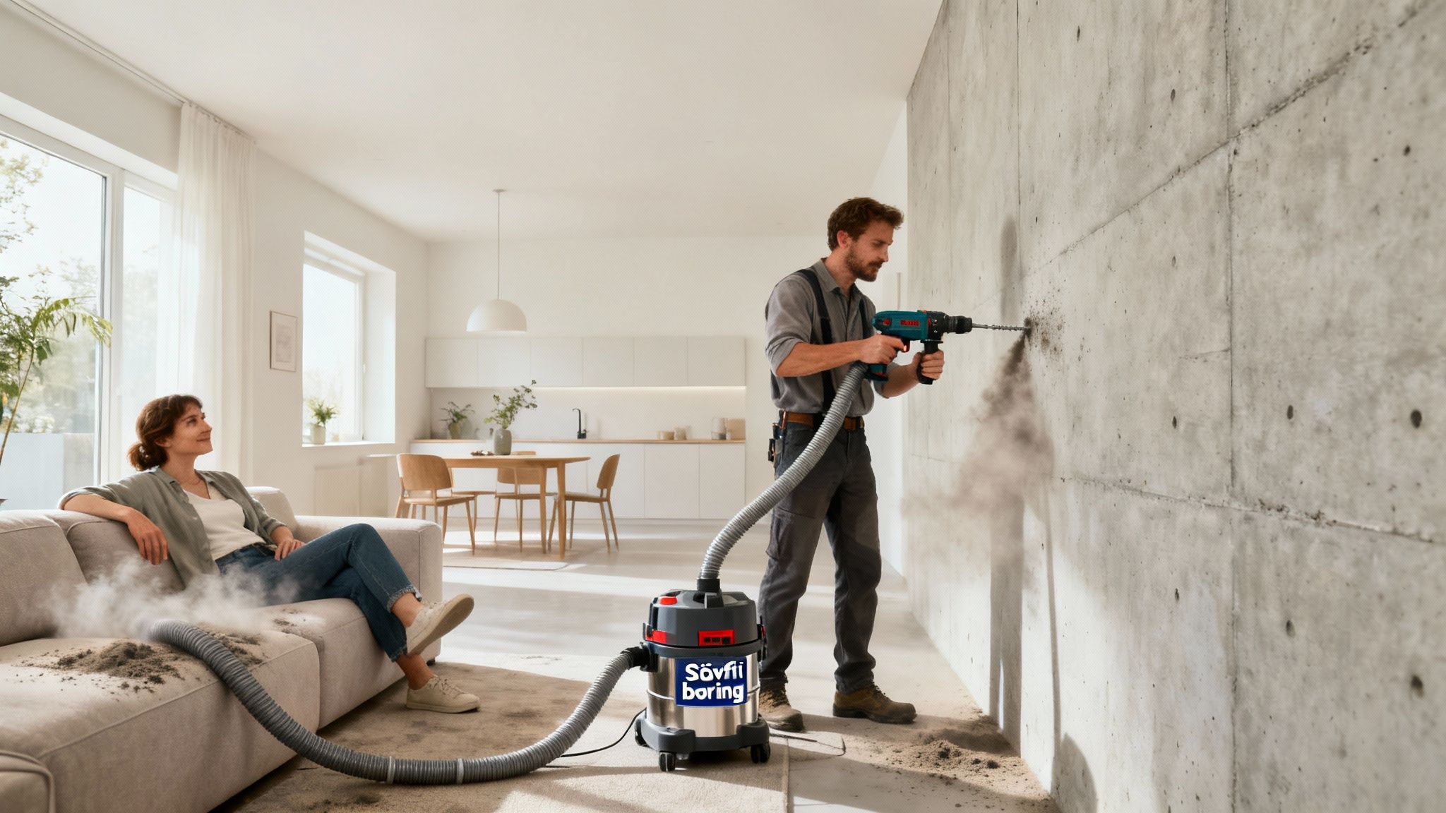 Mand borer i væg med støvopsamler, mens kvinde slapper af på sofaen.