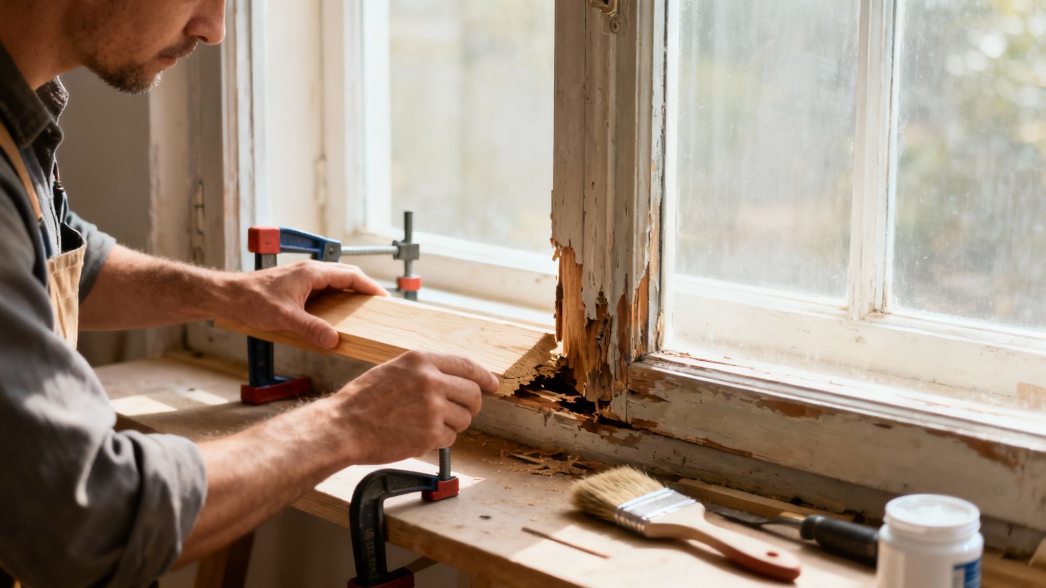 En tømrer i gang med at renovere et gammelt vindue i et værksted.