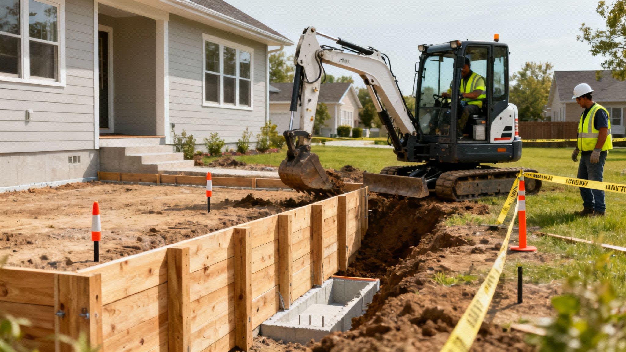 Byggeplads med gravemaskine, der graver en grøft til et omfangsdræn ved et hus, med to arbejdere i sikkerhedsveste.