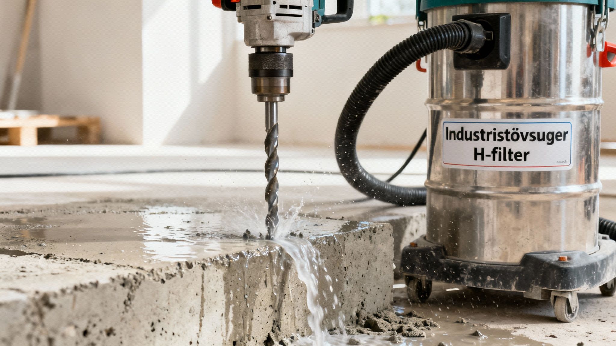 Nærbillede af en boremaskine, der borer i beton med vandstænk, og en industristøvsuger.