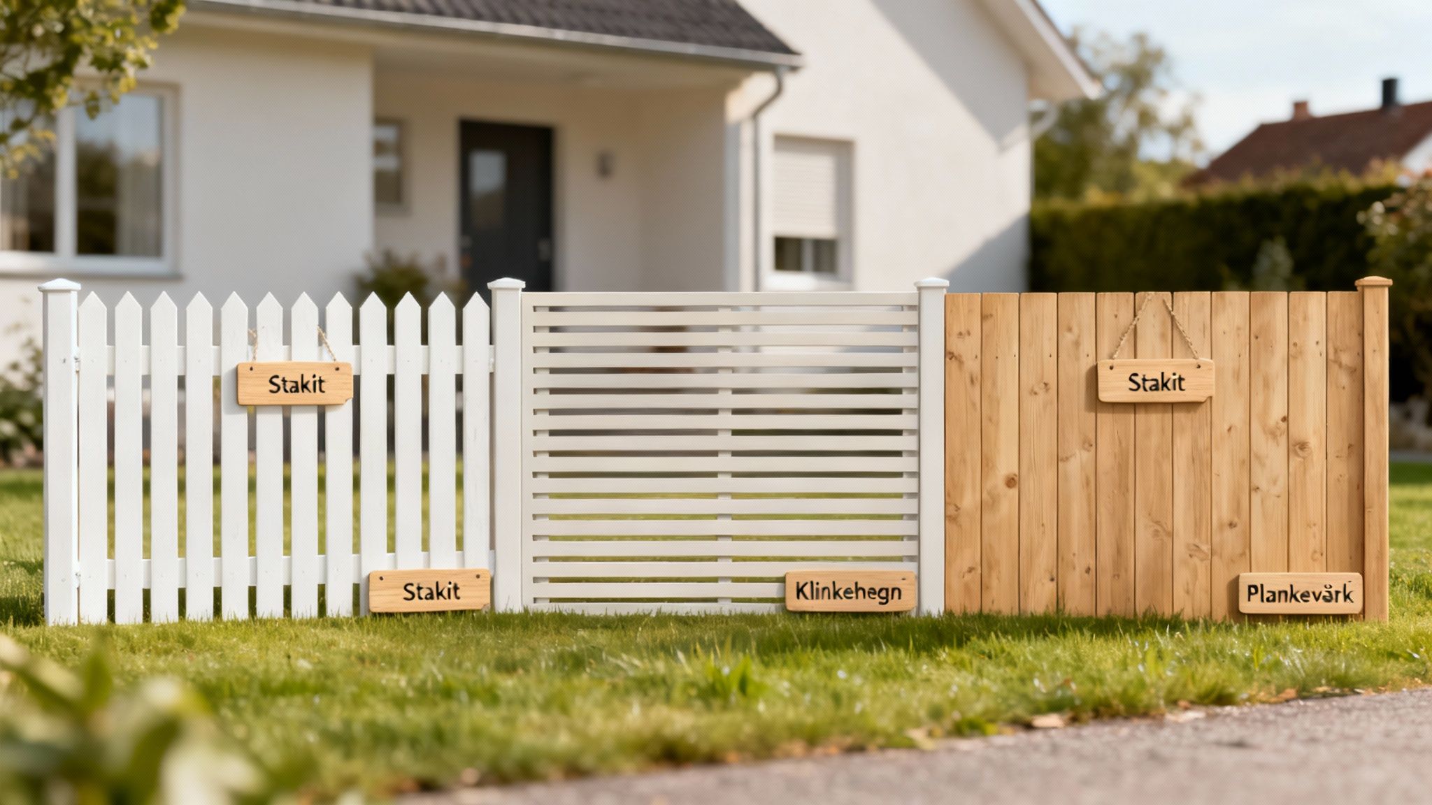 Forskellige typer hegn: et hvidt stakit, et hvidt lamelhegn og et træplankeværk, foran et hus på græs.