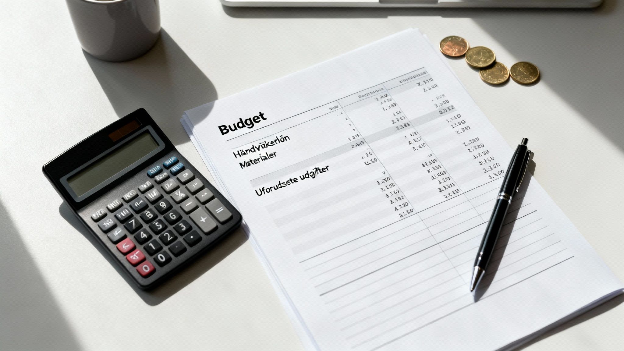 En budgetplan med en lommeregner, kuglepen og mønter på et skrivebord, der symboliserer økonomisk planlægning.