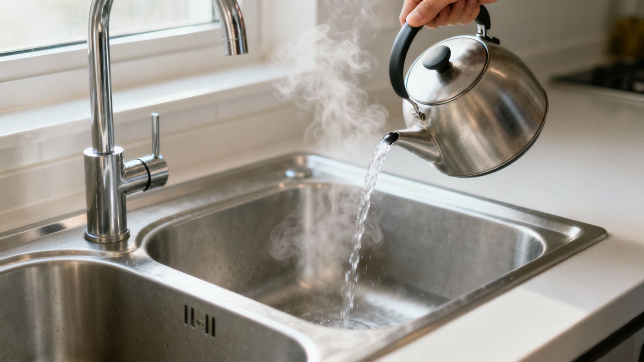 En person hælder kogende vand fra en elkedel ned i en køkkenvask.
