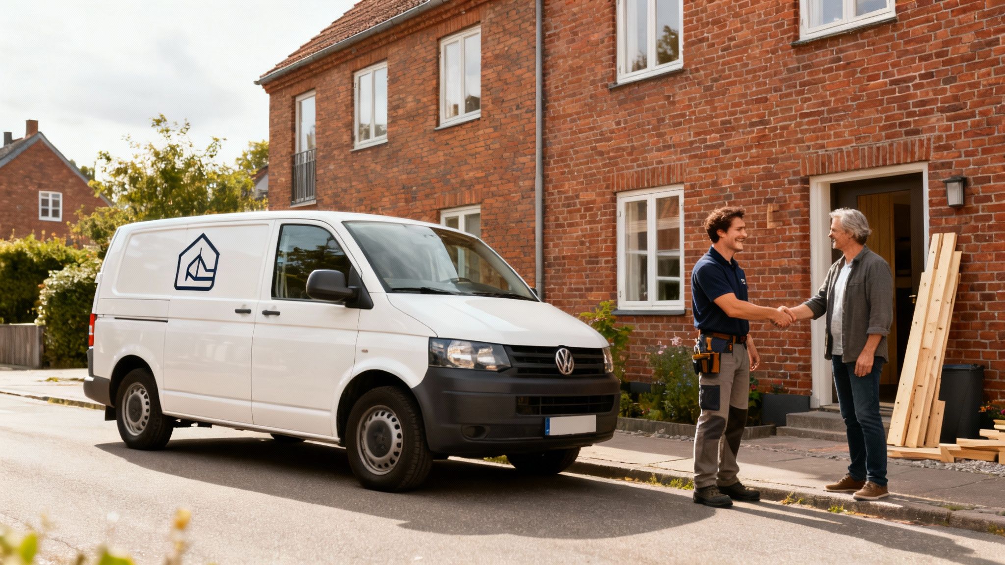 Glad tømrer og tilfreds kunde håndhilser ved hus med varevogn.