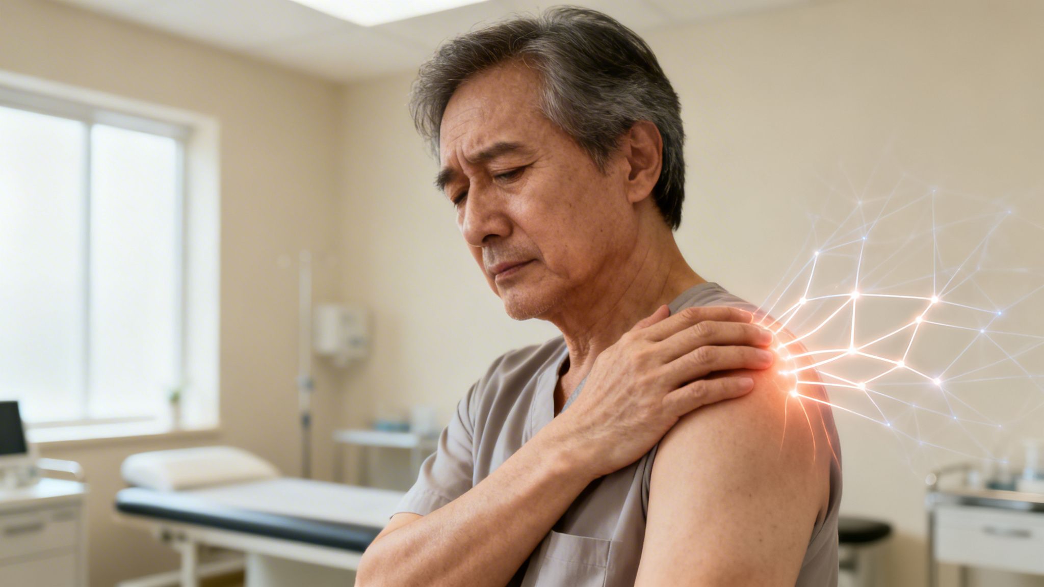 Ældre mand med skuldersmerter i klinik, holder om sin skulder, med digital visualisering af smerte.