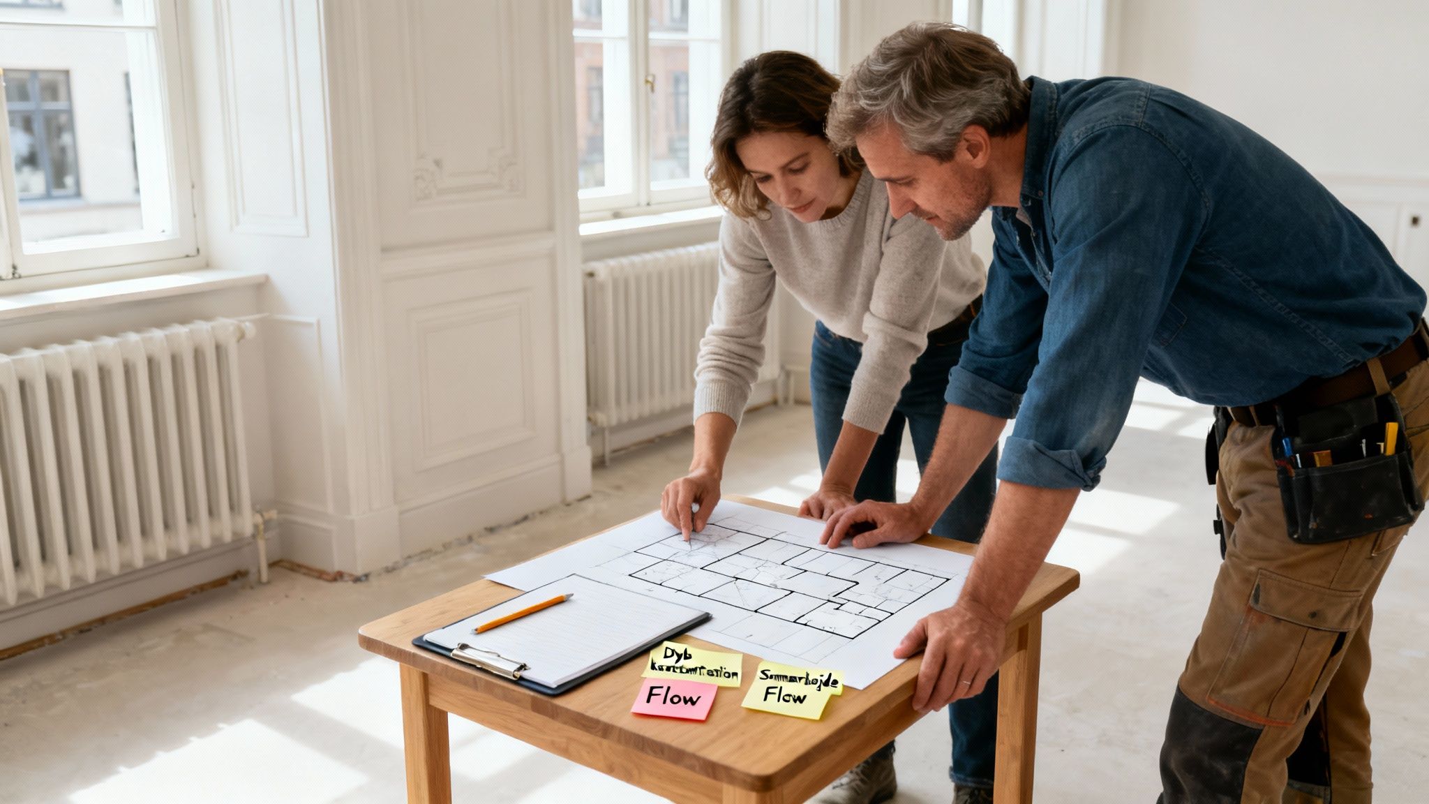To personer (mand og kvinde) kigger på byggeplaner på et bord i et lyst rum. Manden bærer et værktøjsbælte.