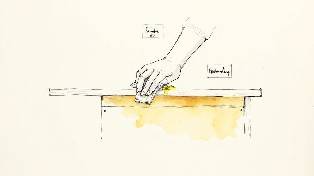 En hånd sliber eller behandler en træbordplade, med noter om ludbehandling og efterbehandling.