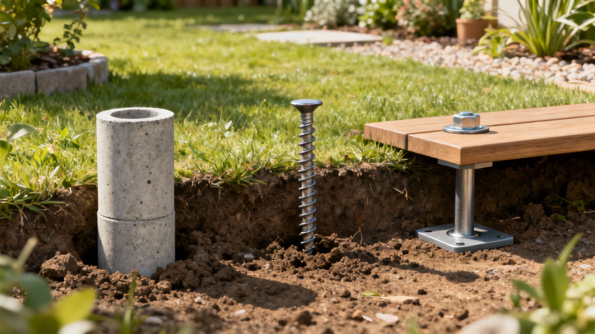 Professionel tømrer arbejder på et fundament til en træterrasse