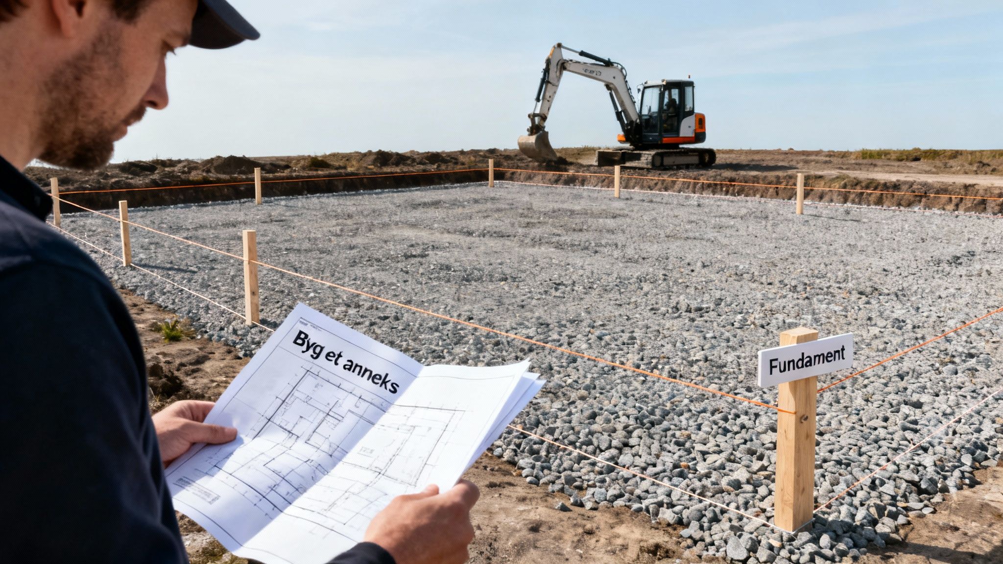Mand holder byggeplaner for et anneks ved en byggeplads, hvor et fundament er markeret. En gravemaskine ses i baggrunden.