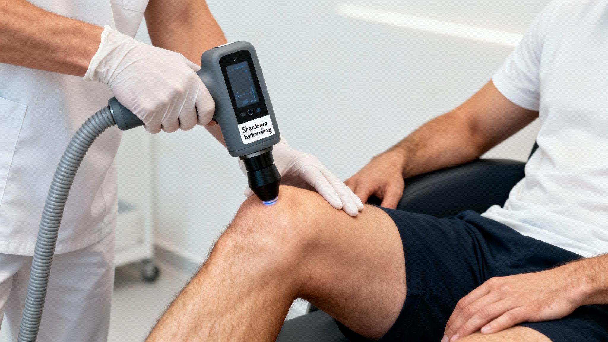 En terapeut giver chokbølgebehandling på knæet af en patient, der sidder i en stol.