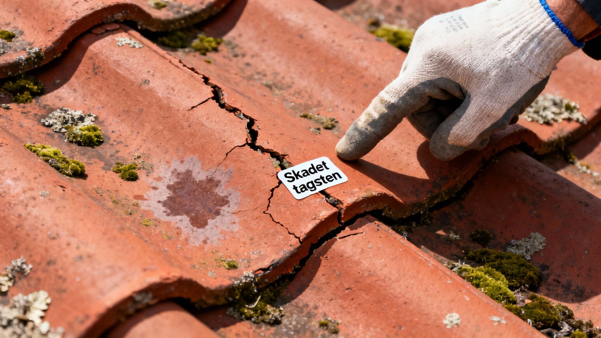 En hånd i handske peger på en revnet tagsten med en seddel, der siger 'Skadet tagsten'. Mos på tag.