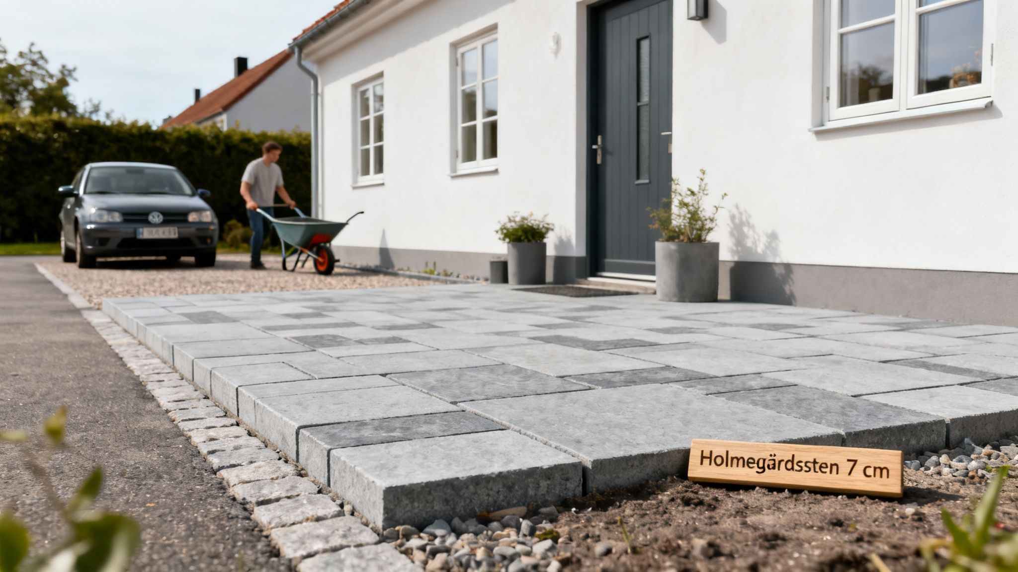 Mand skubber trillebør på nybelagt indkørsel med Holmegårdssten 7 cm foran et hvidt hus.