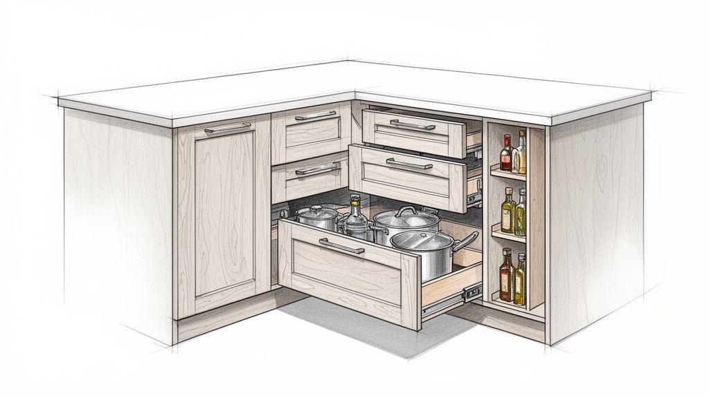 L-formet køkkenunderskab med smarte udtræksskuffer og åbne hylder til organiseret opbevaring.