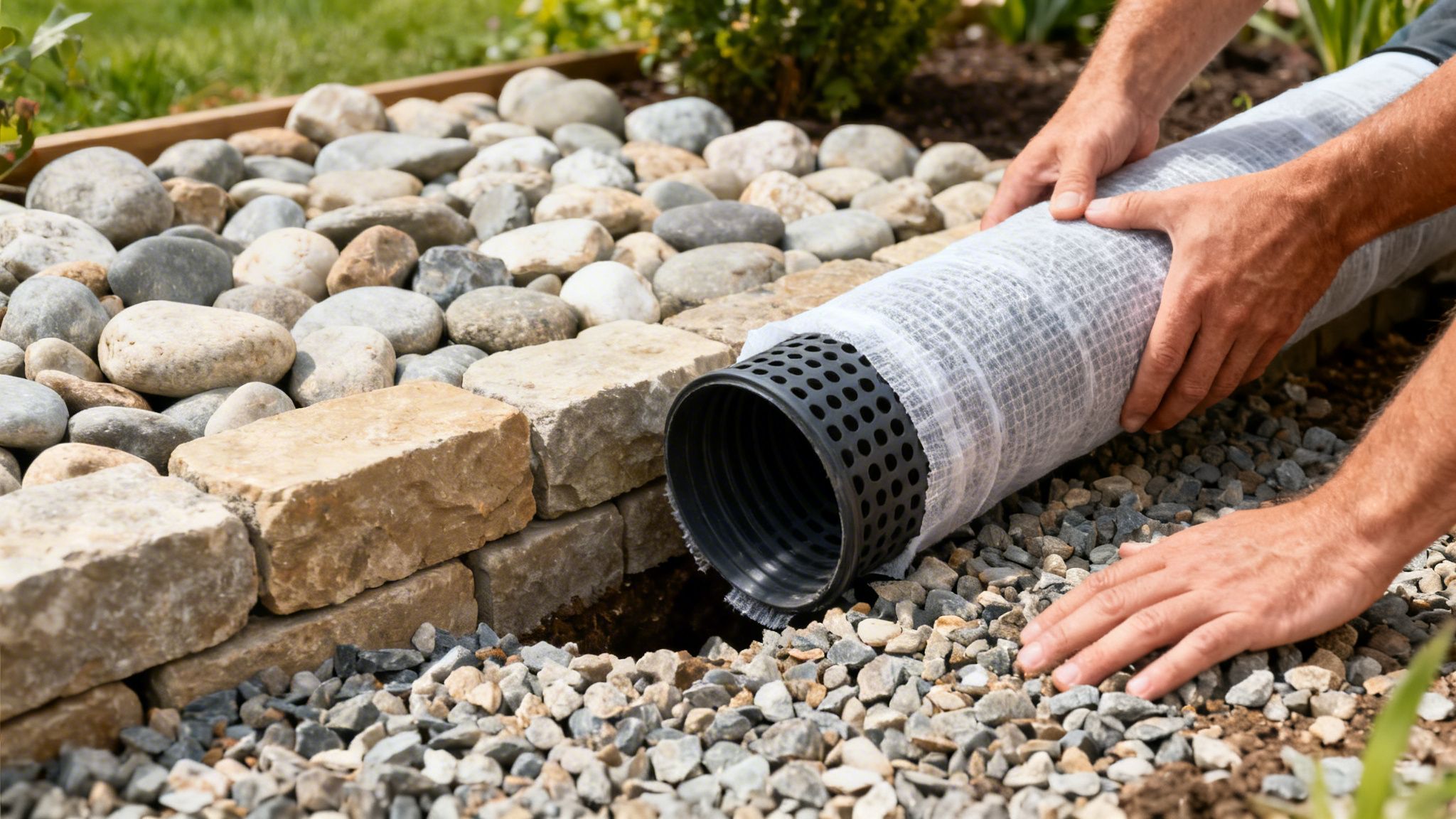 En person installerer et drænrør dækket med geotekstil langs en støttemur med sten.
