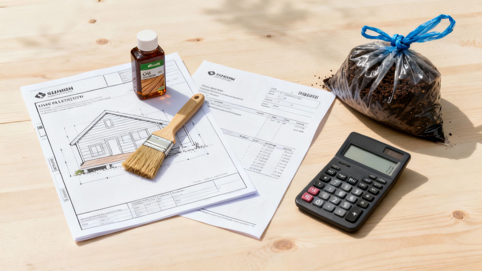 Træterrasse planlægning med tegninger, lommeregner, pensel, olie og materialeprøver på træbord