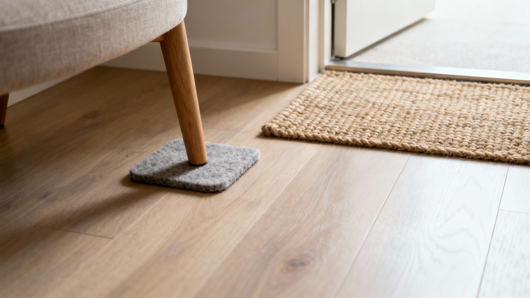 En person tørrer spildt væske op fra et lyst trægulv.