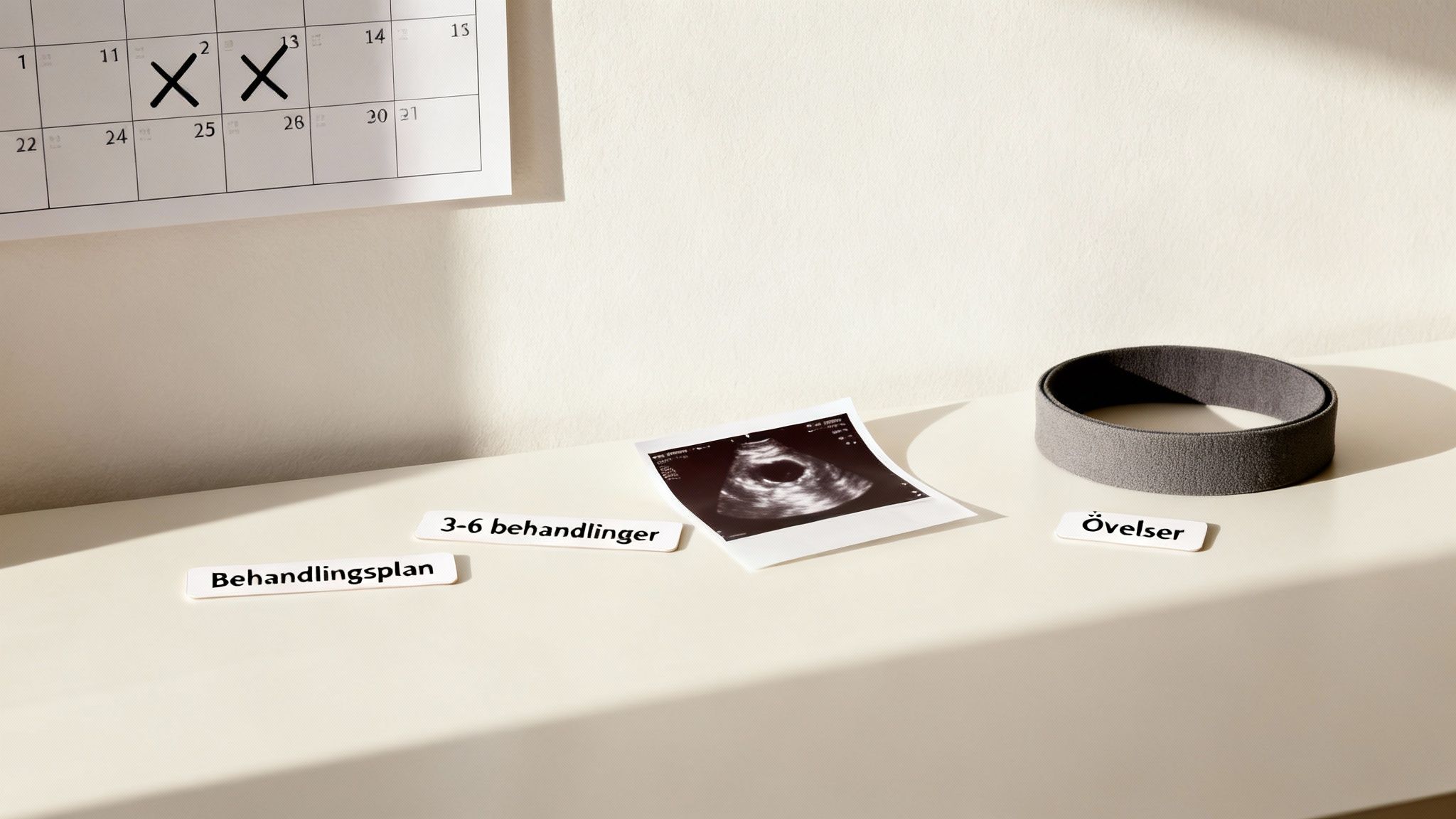 En kalender med afkrydsede datoer, et ultralydsbillede, en grå elastik og etiketter om behandlingsplan og øvelser.