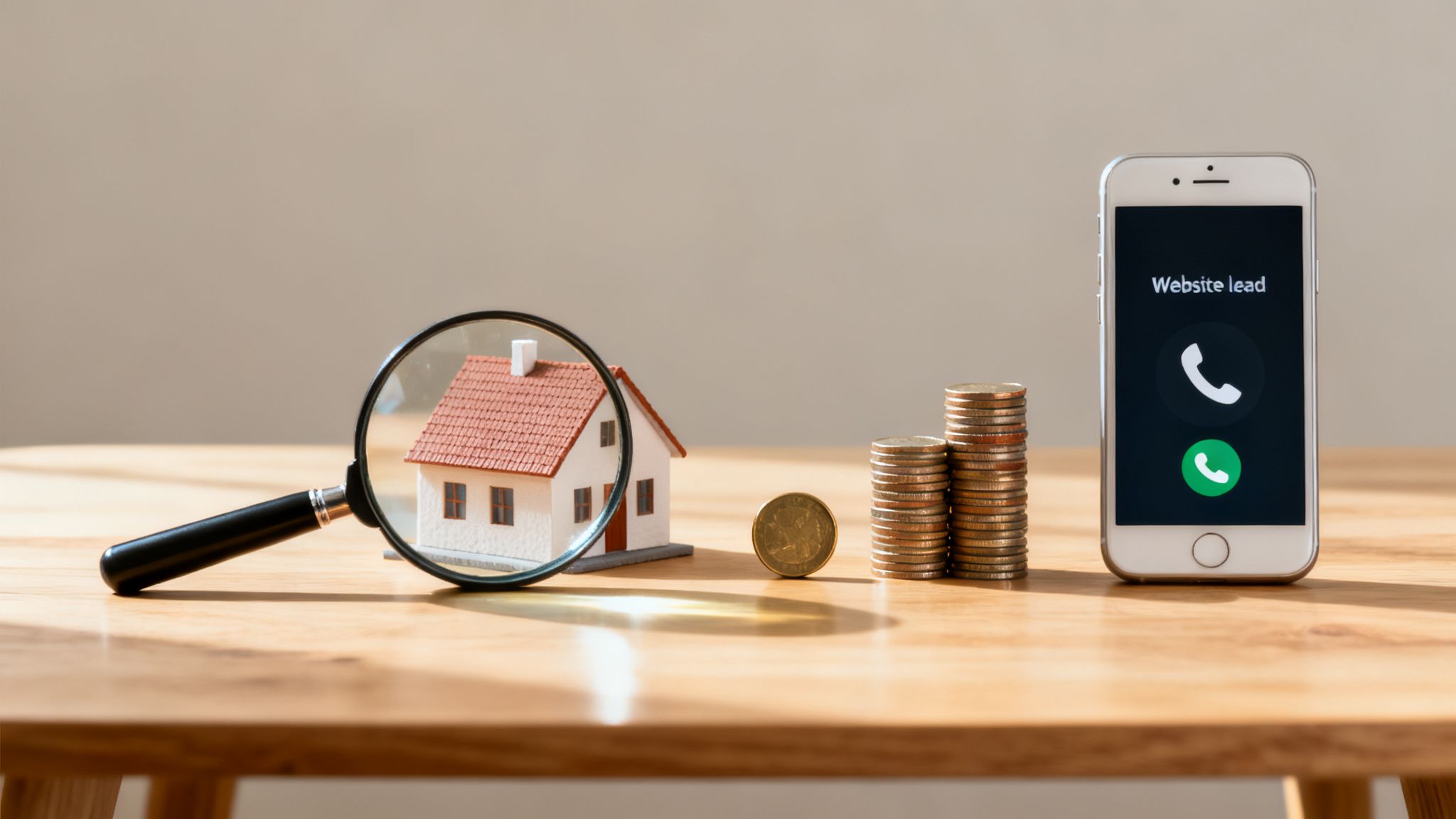 Forstørrelsesglas, husmodel, møntstakke og en telefon med "Website lead" skærmbillede, der symboliserer ejendomssøgning og investering.