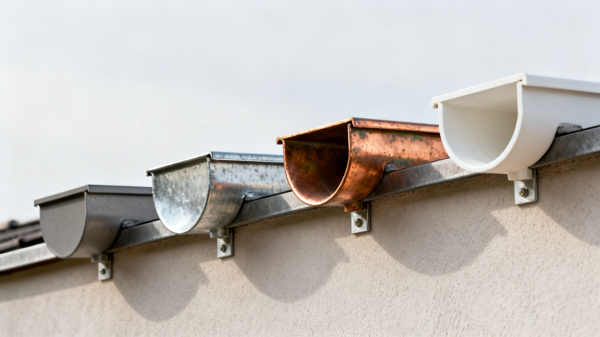 Forskellige tagrender i metal (galvaniseret og kobber) og hvid plastik monteret på en væg.