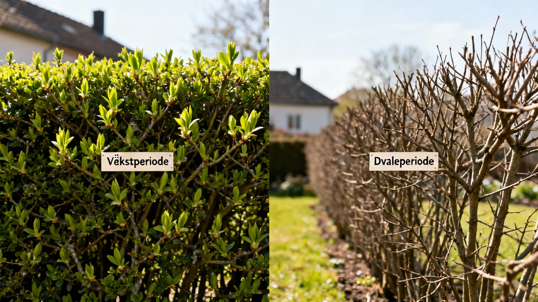 Billede af hæk i vækstperiode med grønne blade og i dvaleperiode uden blade, der illustrerer sæsonforskelle.