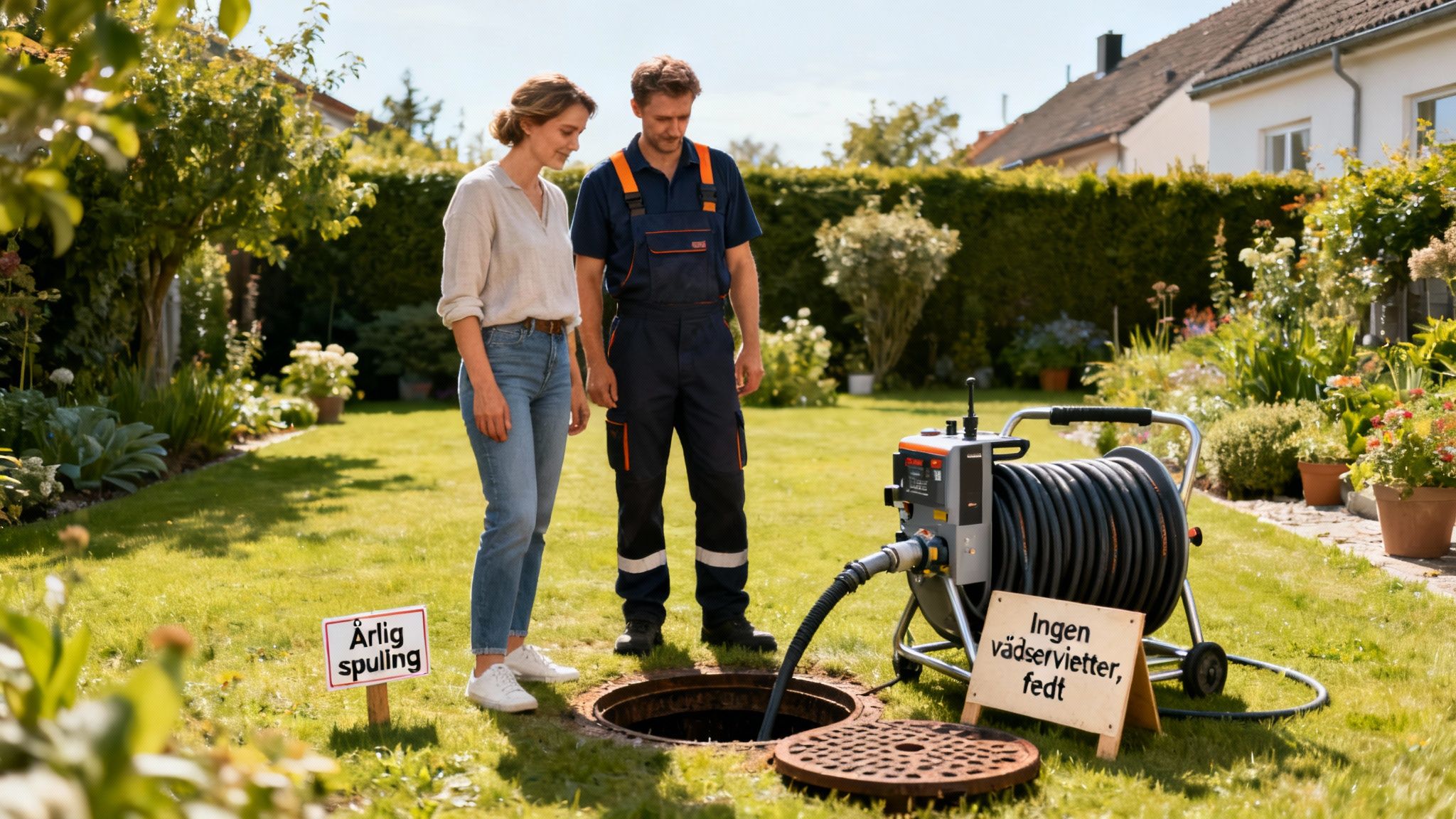 En kloakservice udføres i en have med spuleudstyr, mens en kvinde ser på.