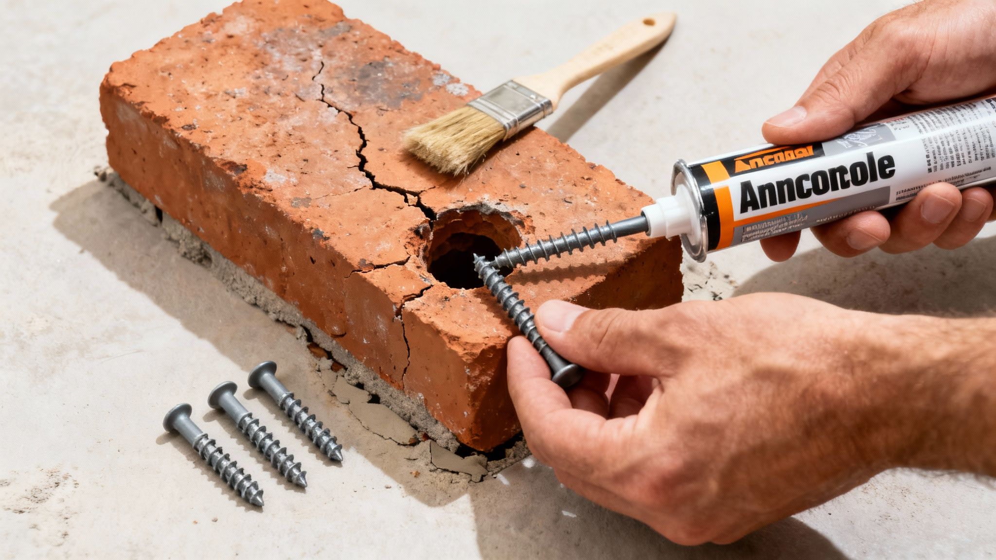 Hænder fylder hul i en mursten med fugemasse, mens en skrue holdes klar, med pensel i baggrunden.