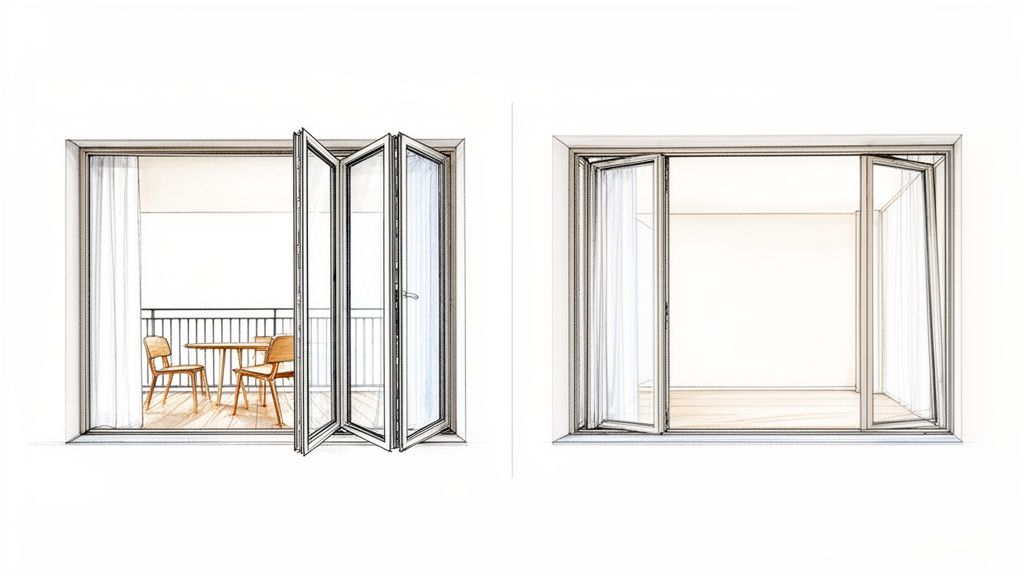 Tegning af to typer Lacuna foldedøre: en udadgående til balkon, en indadgående til rum.