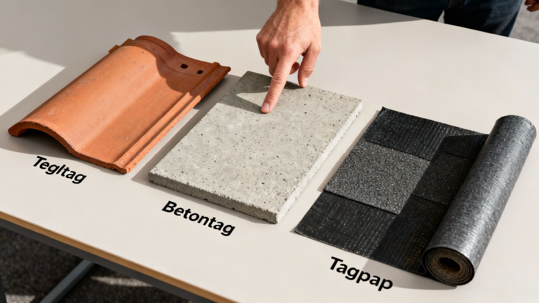 Et udvalg af tagmaterialer: tegltag, betontag og tagpap, vist på et bord med en hånd.