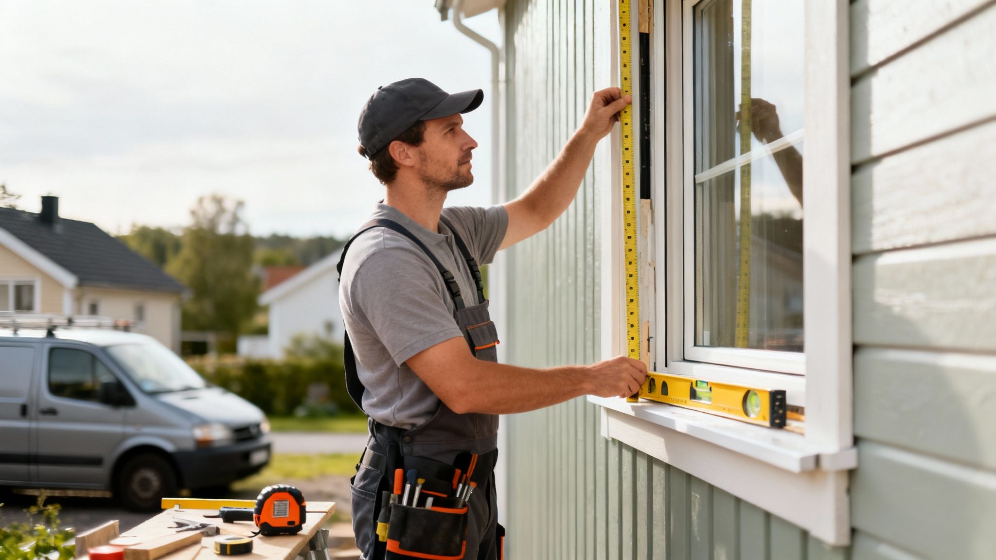 Bygningsarbejder måler nyt vindue med målebånd og vaterpas på et træhus.