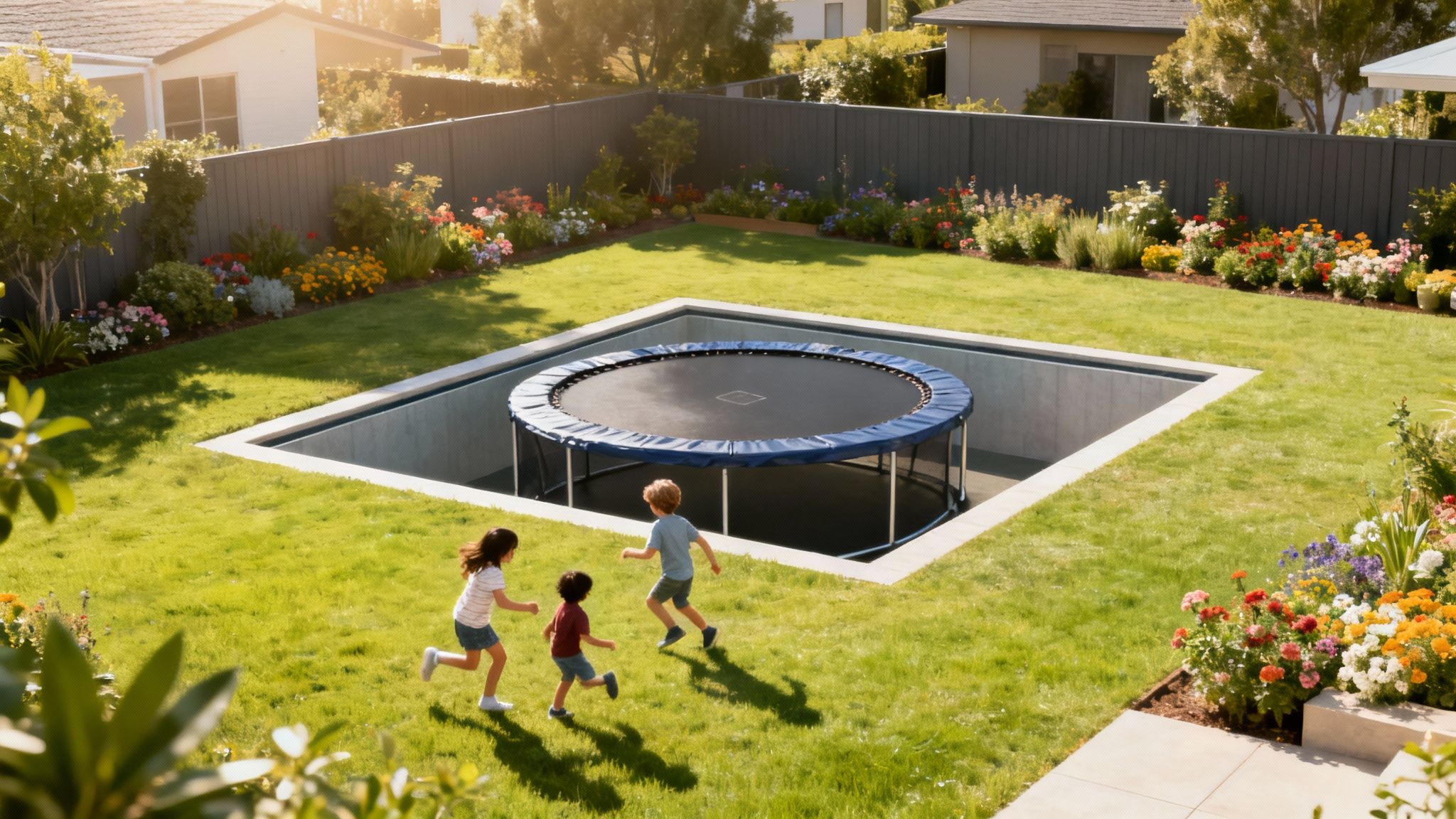 Glade børn løber og leger i en solrig have med en nedgravet trampolin omgivet af blomster.