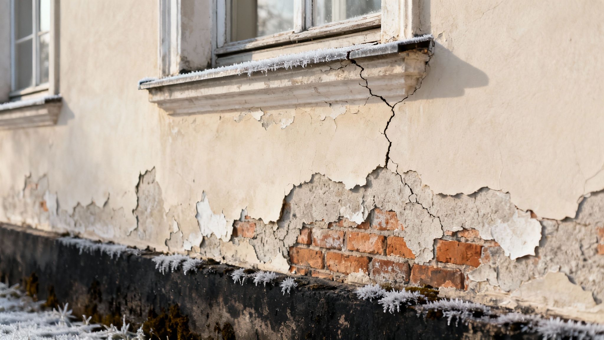 Afskallet puds og synlige mursten på en bygningsfacade, med en stor revne og rimfrost på soklen.