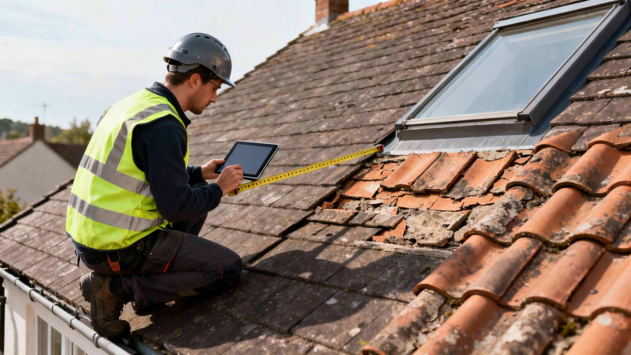 Håndværker i sikkerhedsudstyr måler tagvindue på beskadiget tag med tablet og målebånd.