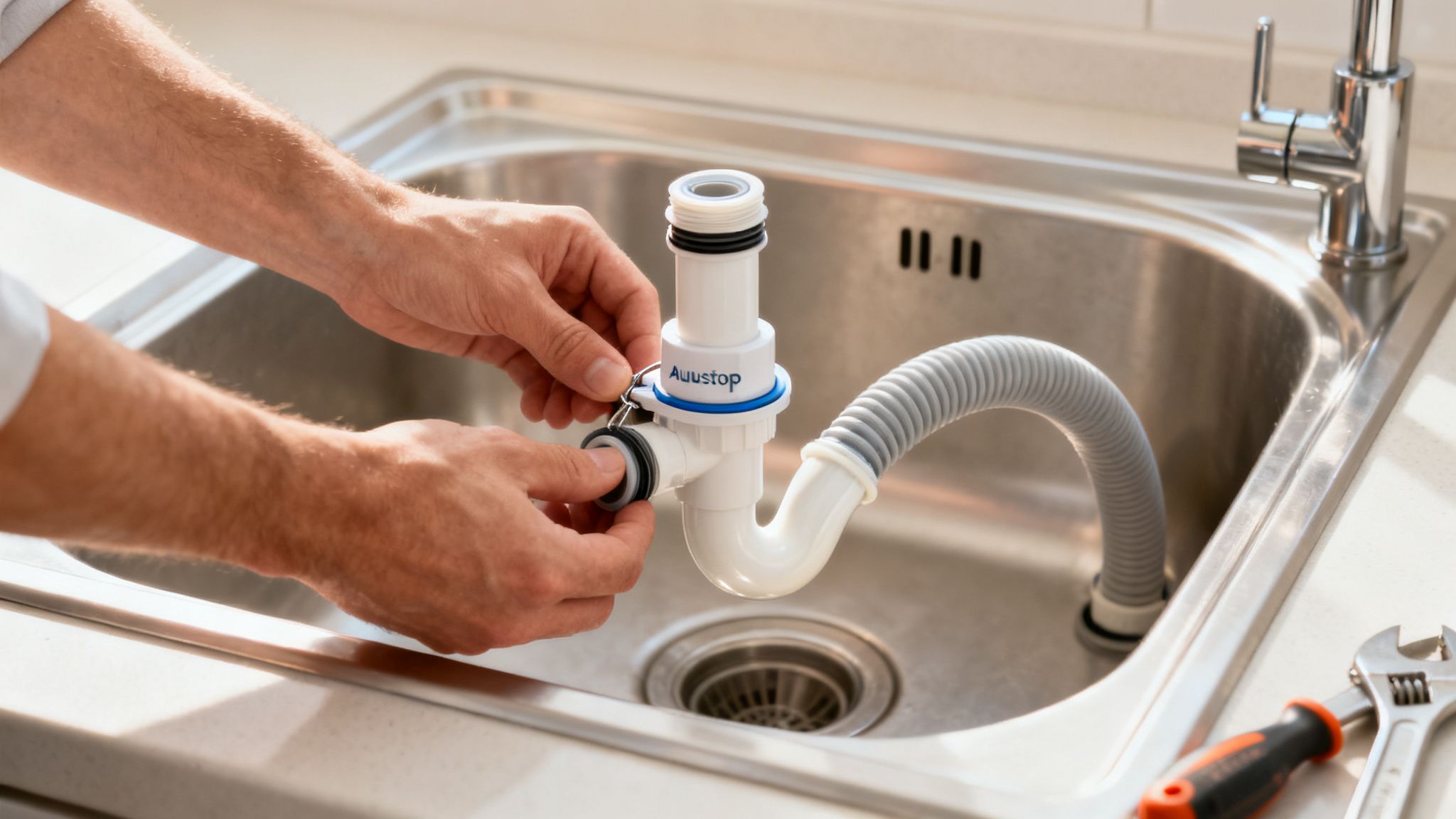 Nærbillede af hænder, der installerer en hvid vaskeafløb i en køkkenvask af stål.