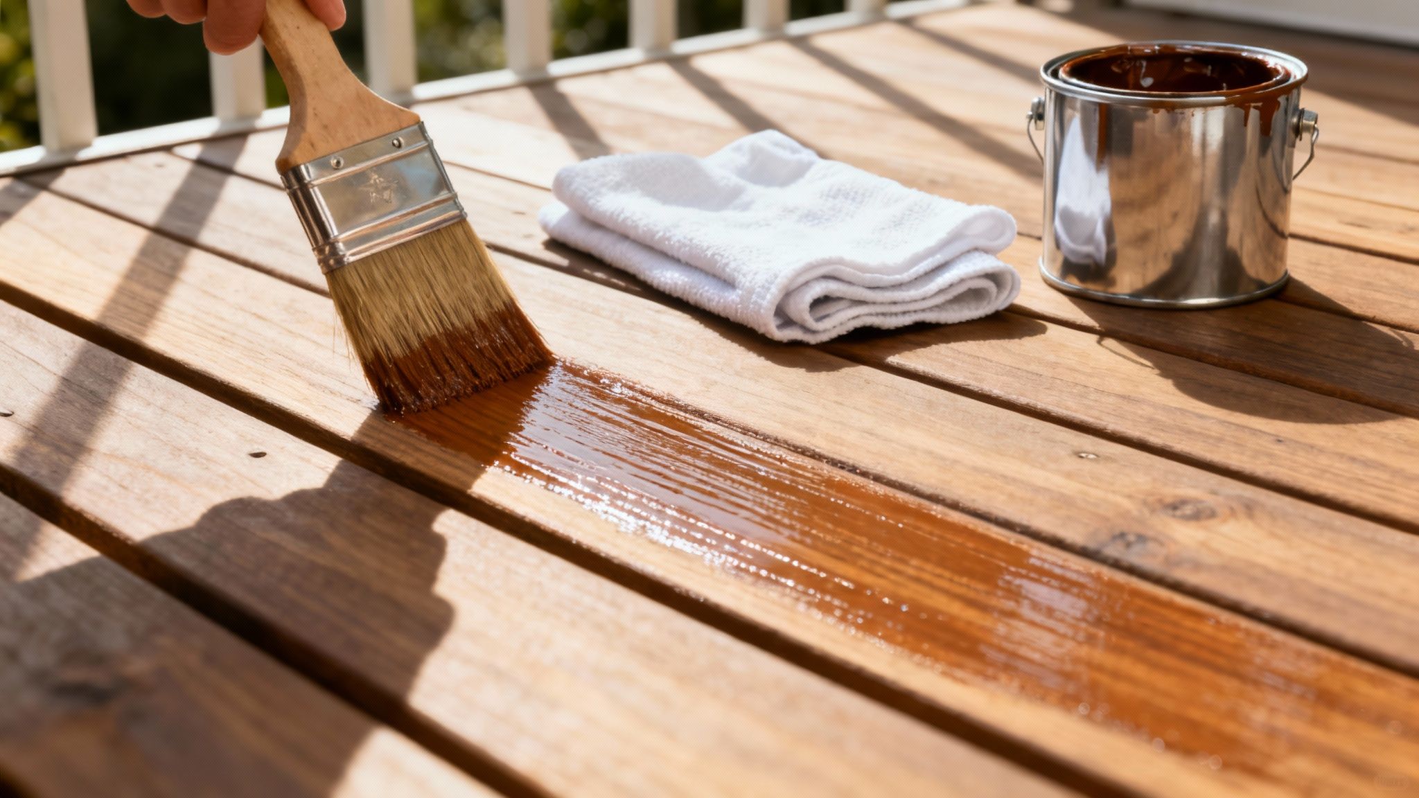 En person påfører olie på en træterrasse med en bred pensel