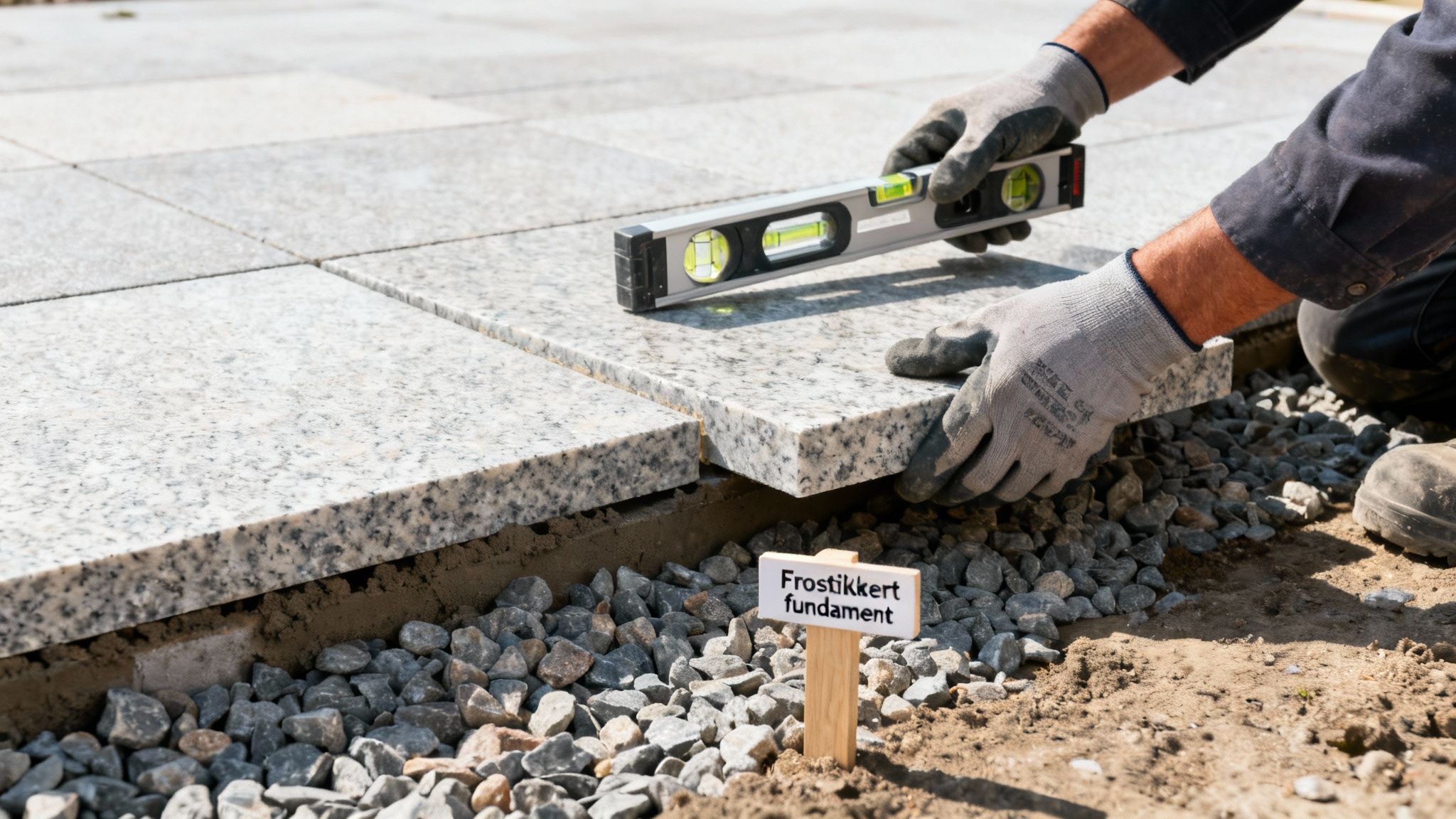 En arbejder lægger granitfliser til en terrasse med et vaterpas, der sikrer en jævn overflade over et frostsikkert fundament.