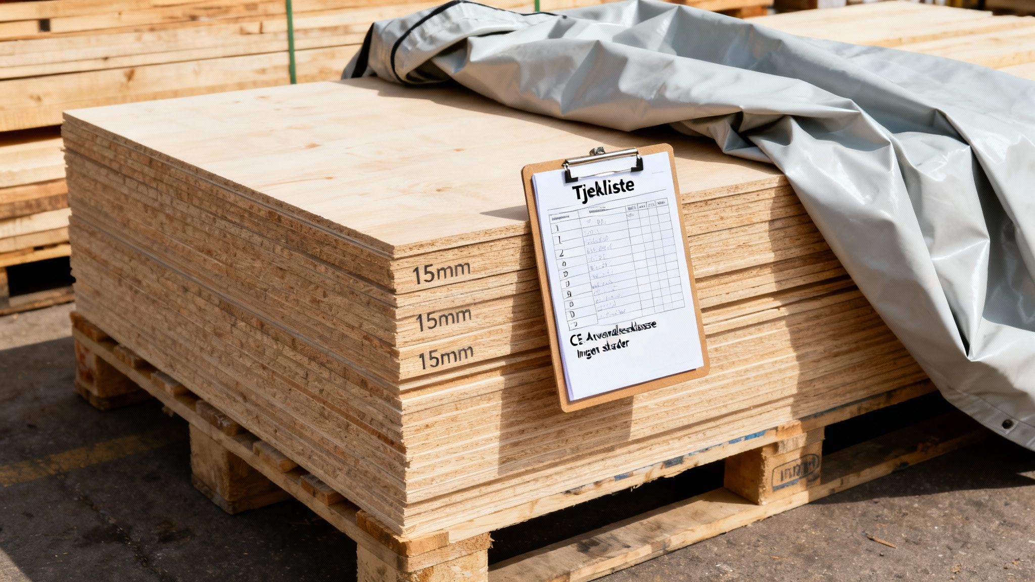 Stak af 15 mm tagkrydsfinerplader på en palle med en tjekliste og presenning under solen.