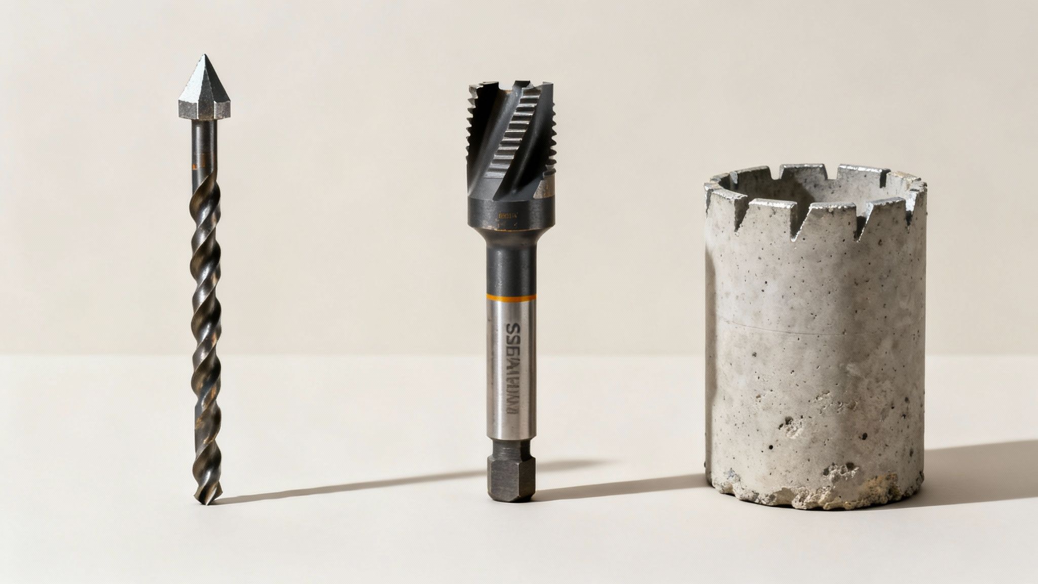Tre forskellige bor til beton, herunder et murbor, et kernebor og en hulsav.