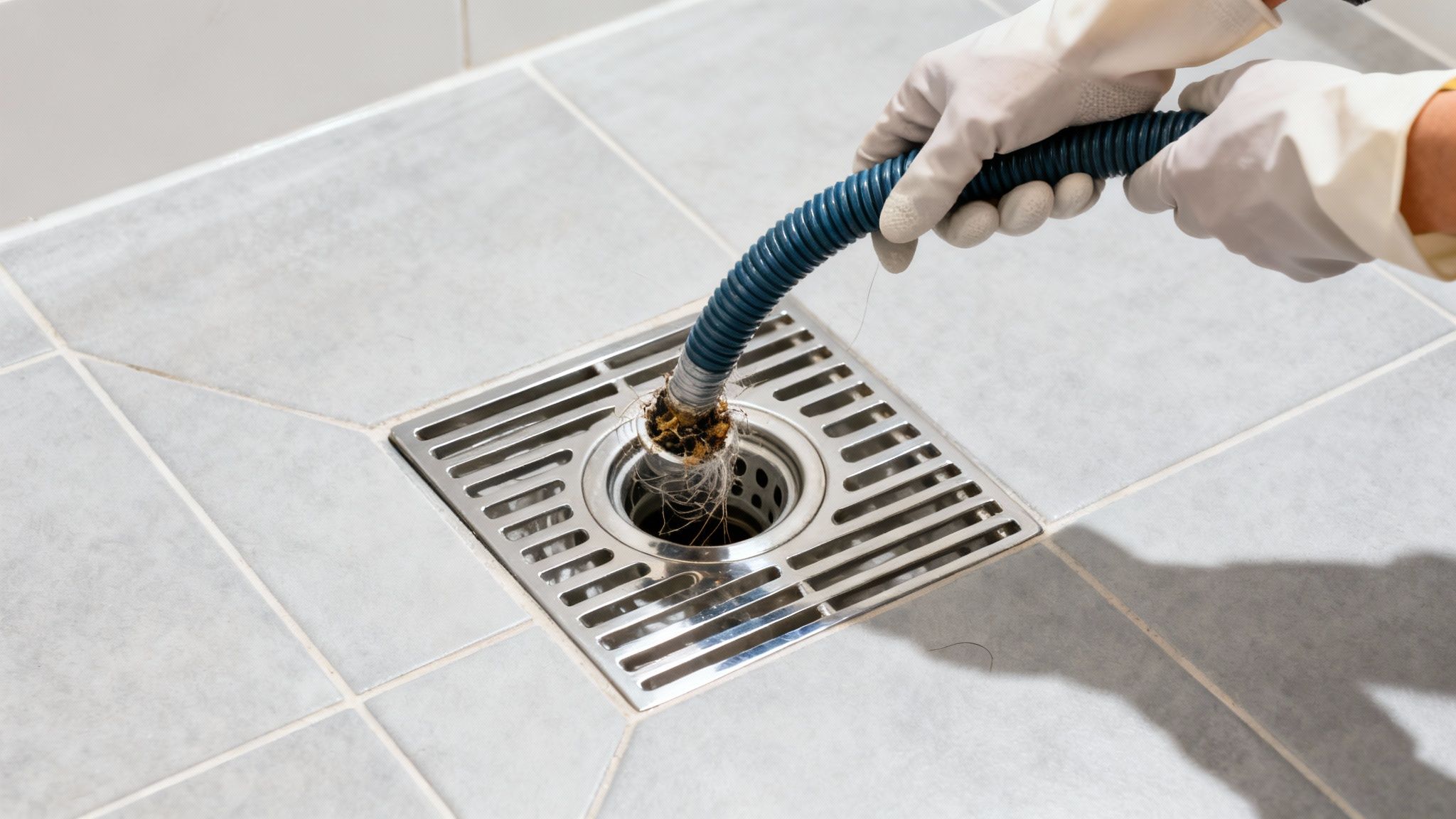 Handskeklædte hænder renser et tilstoppet bruser afløb fyldt med hår og snavs.