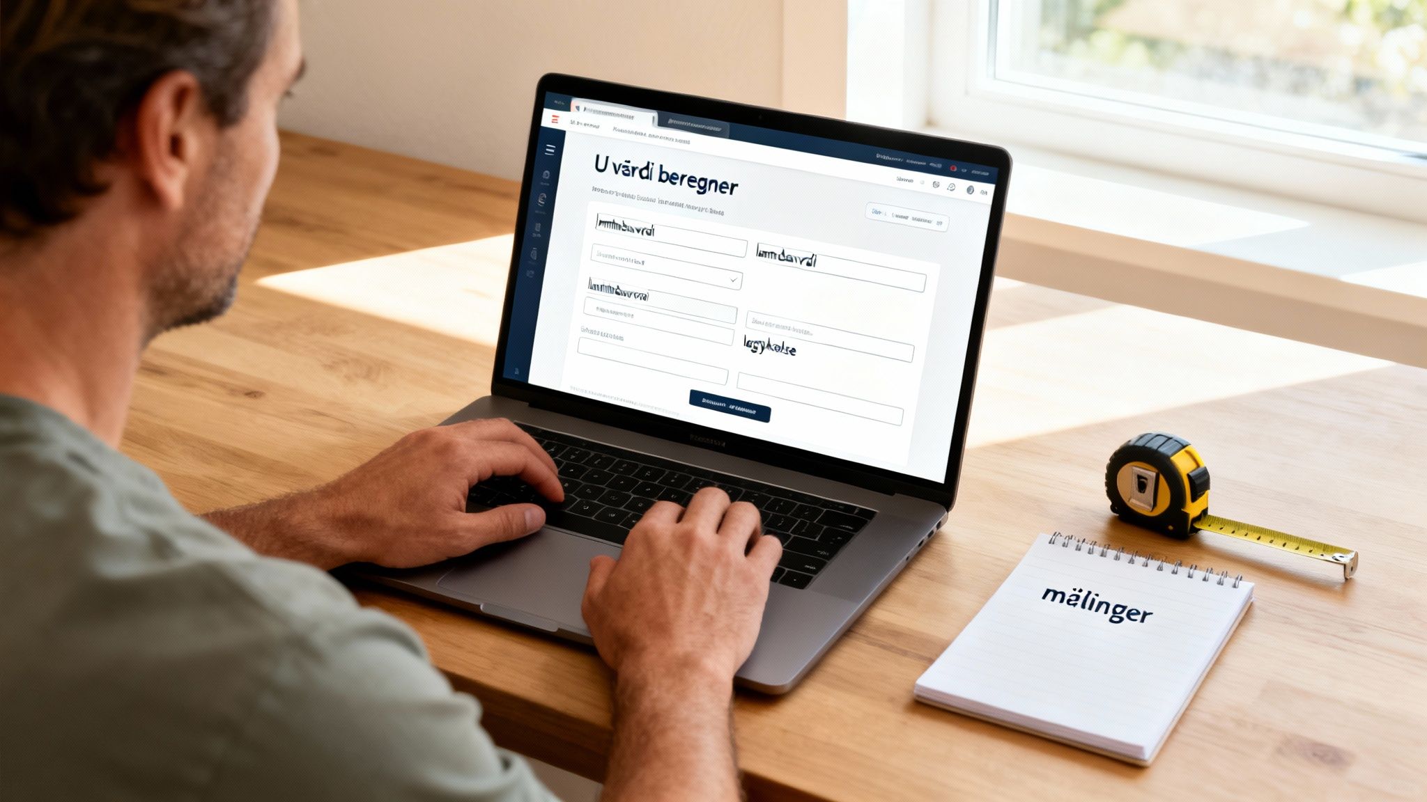 Mand bruger bærbar computer med en U-værdi beregner, mens et målebånd og notesbog med målinger ligger på bordet.