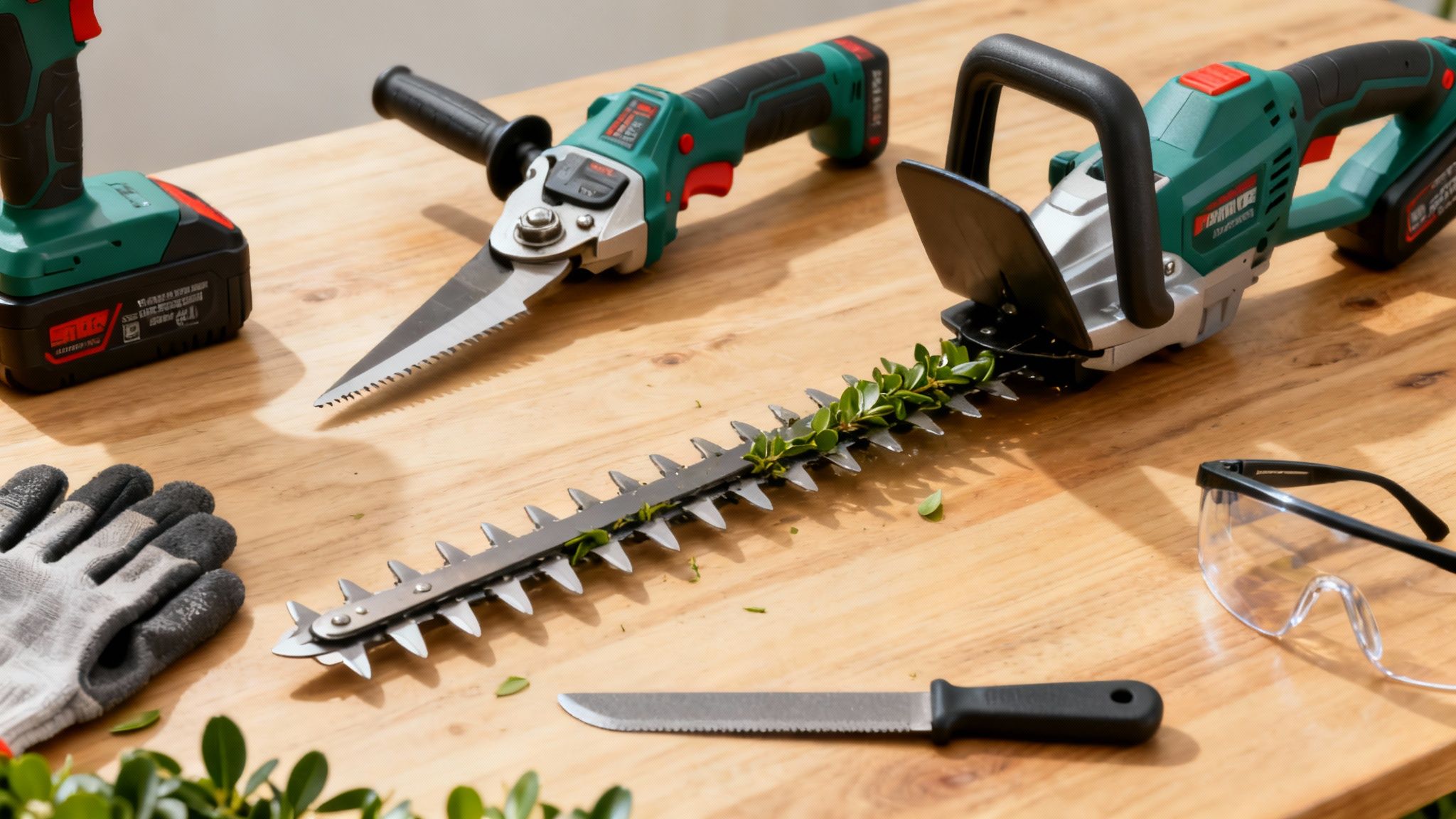 Haveværktøj på et træbord, inklusive hækkeklipper, sav, handsker og sikkerhedsbriller klar til brug.
