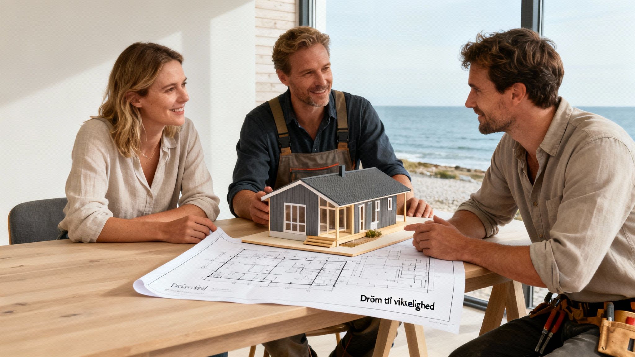 Tre smilende mennesker diskuterer et sommerhusprojekt med en husmodel og tegninger ved et bord, med havudsigt i baggrunden.