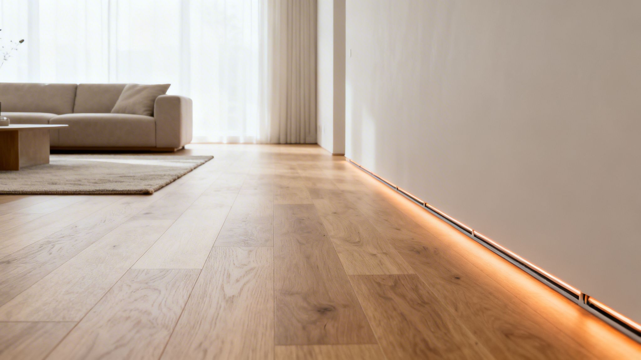 Moderne stue med lyst trægulv, en beige sofa og tæppe. Væggen har varm integreret LED-belysning langs gulvet.