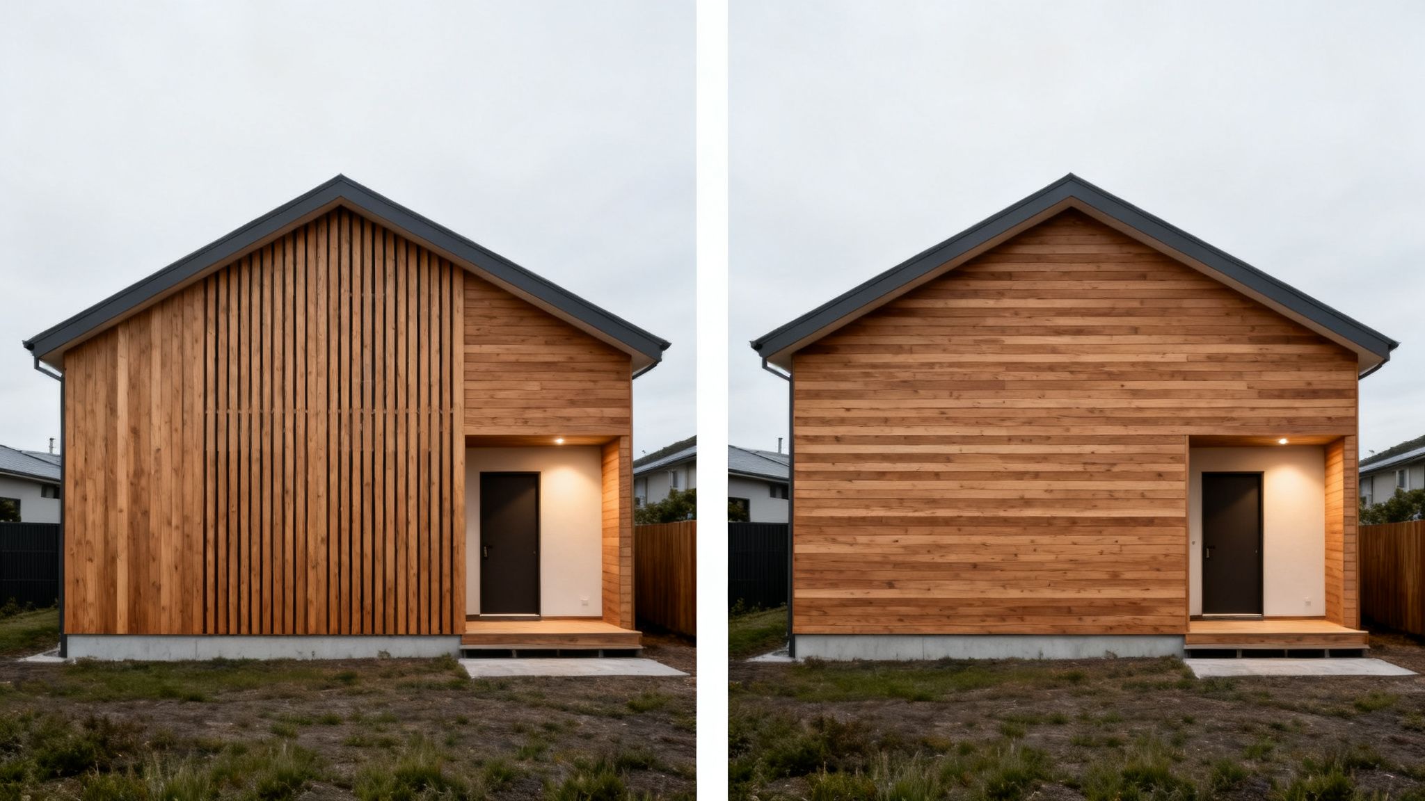 To ens huse med træbeklædning og mørke tage. Det ene har lodrette lameller, det andet vandrette brædder.