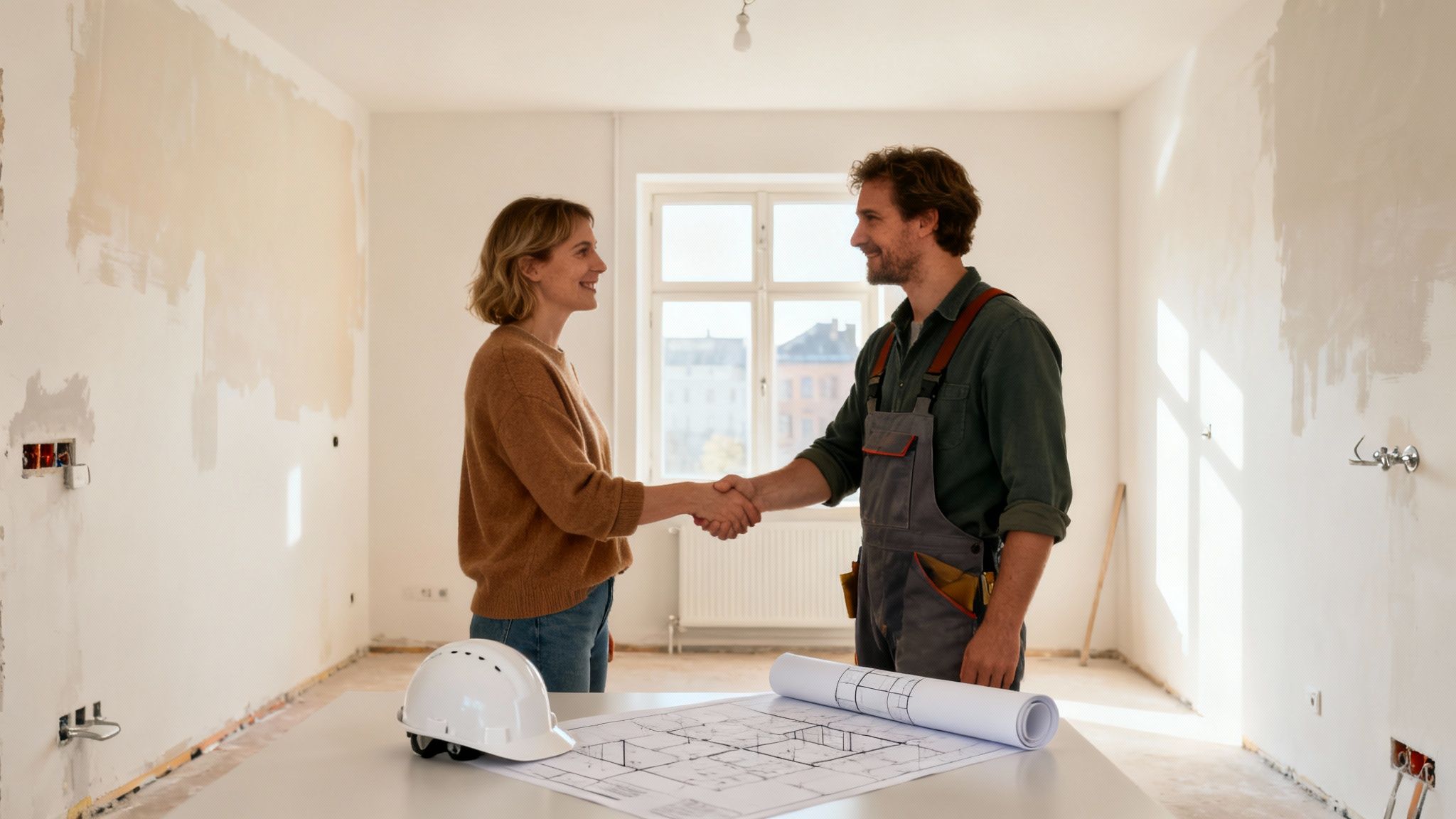Kvinde og håndværker giver hånd i nyrenoveret lejlighed med byggeplaner på bordet.