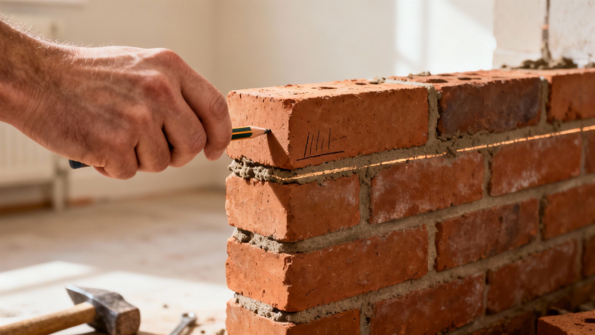 En hånd tegner mærker på en mursten med blyant under opbygning af en mur. Mørtel og værktøj er synlige.